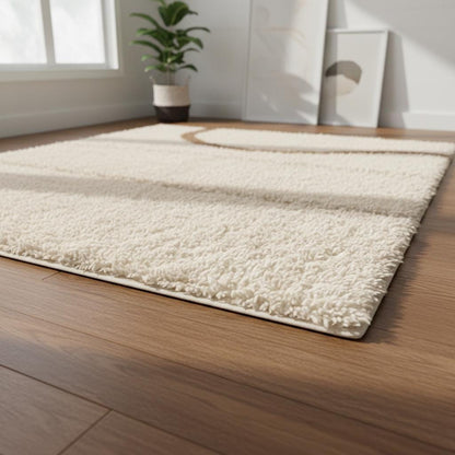 Cream Moroccan shag rug with wavy taupe Berber design and high pile texture