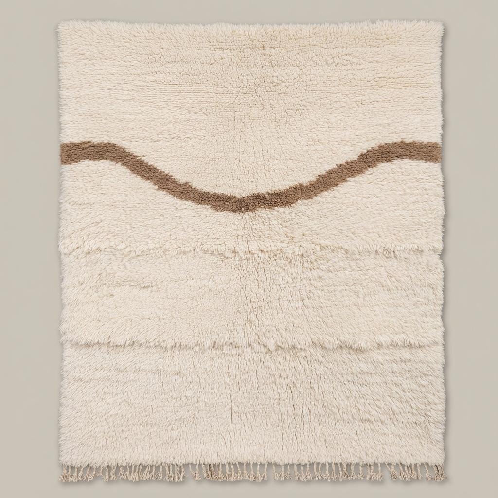 Cream Moroccan shag rug with high pile and wavy taupe Berber design