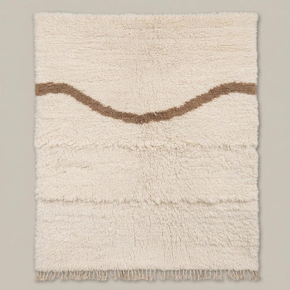 Cream Moroccan shag rug with high pile and wavy taupe Berber design