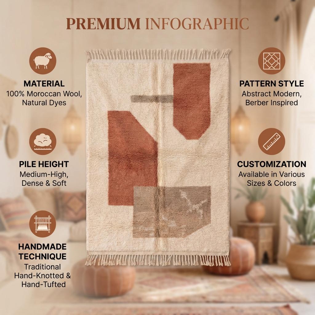 Moroccan Style Geometric Rug – Ivory Terracotta Abstract Boho Rug, Neutral Desert Modern Decor