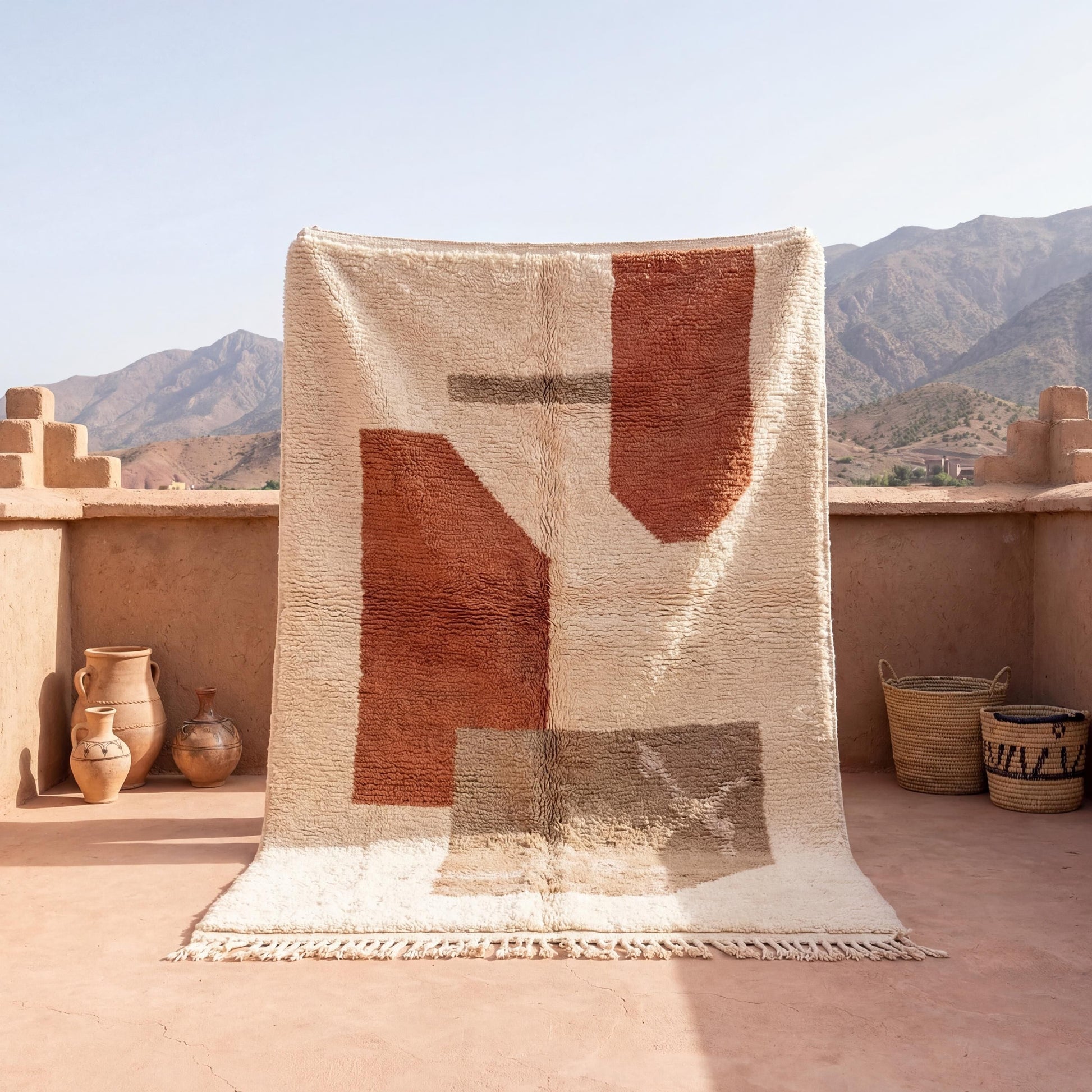 Moroccan style geometric rug with ivory and terracotta abstract boho design and plush textured surface
