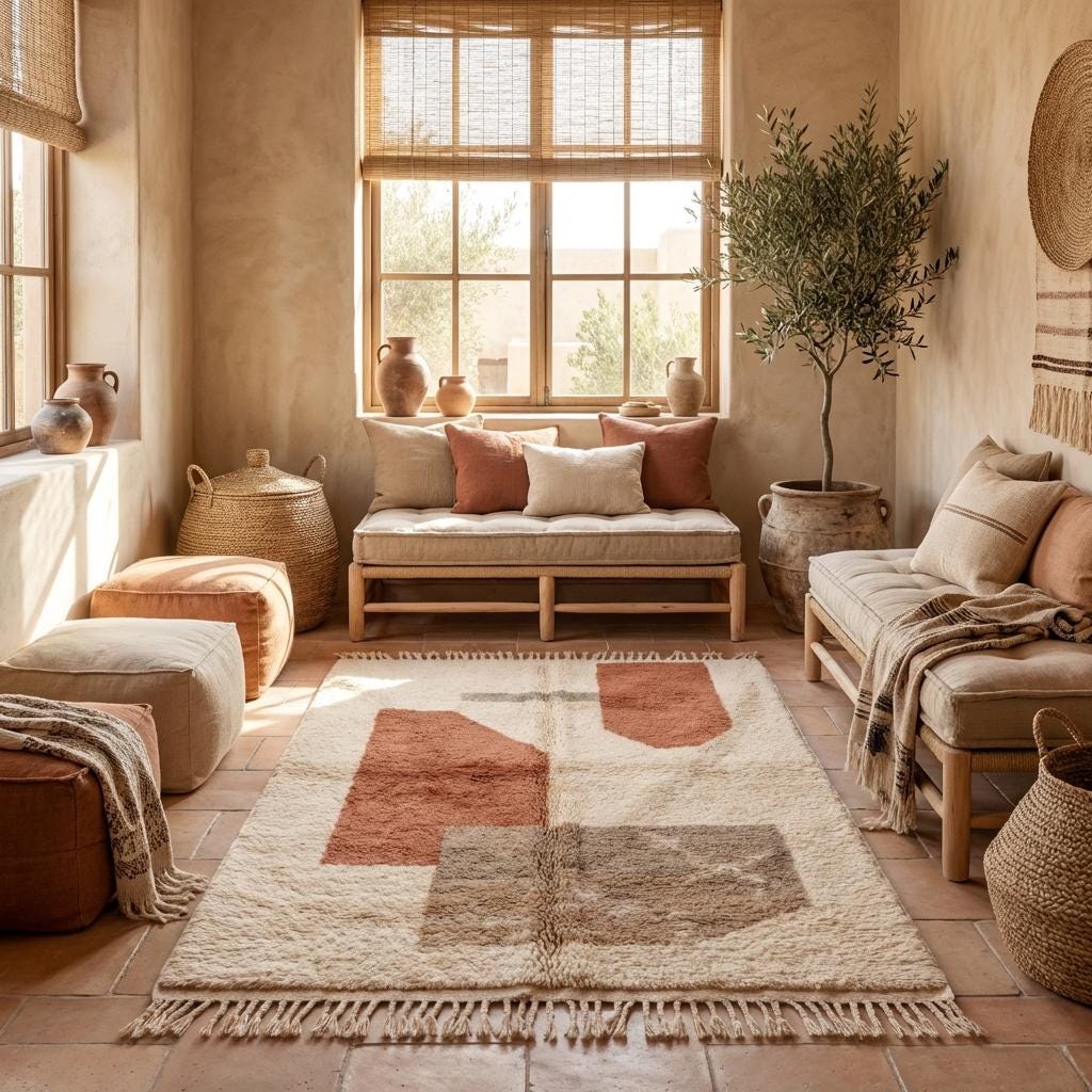 Ivory and terracotta abstract block pattern rug detail