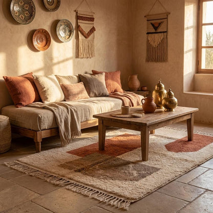 Modern boho rug with fringe edge and soft pile surface
