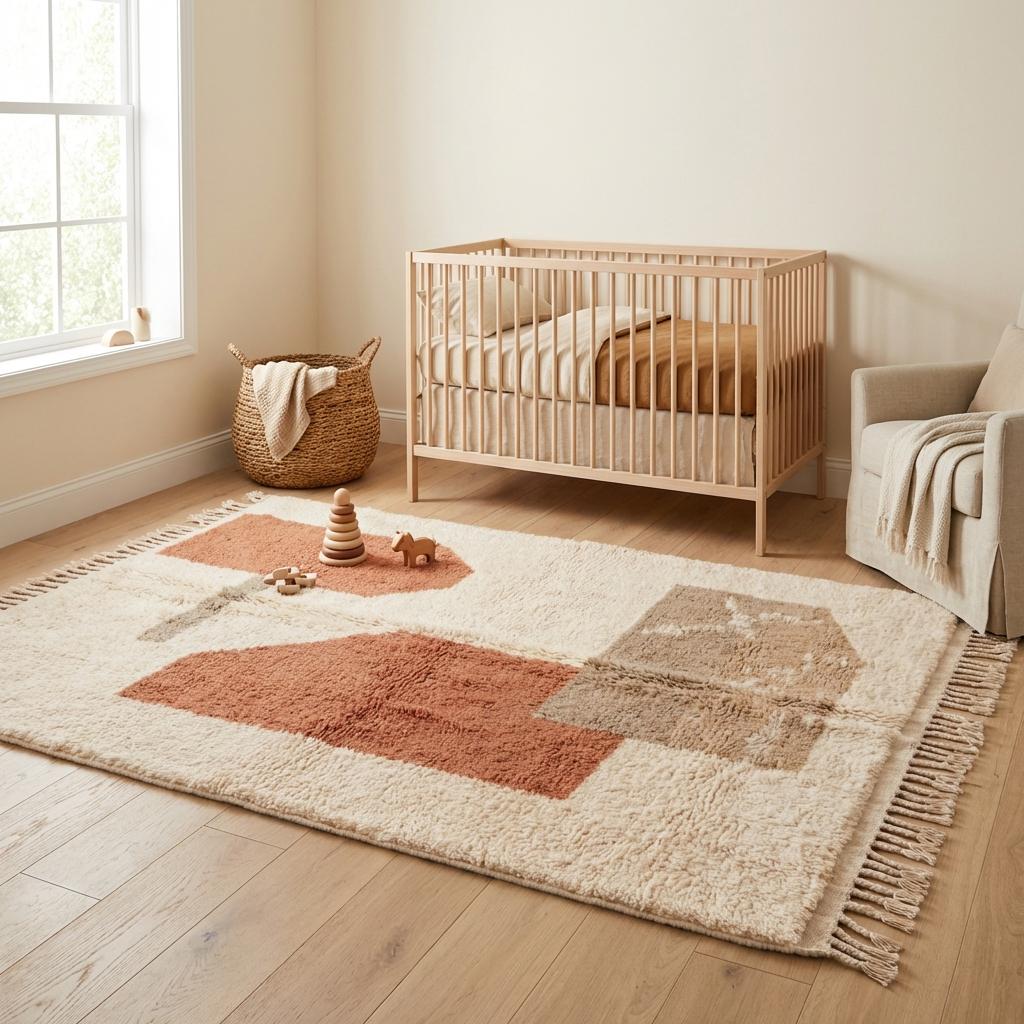 Neutral Moroccan style rug displayed in warm desert inspired setting