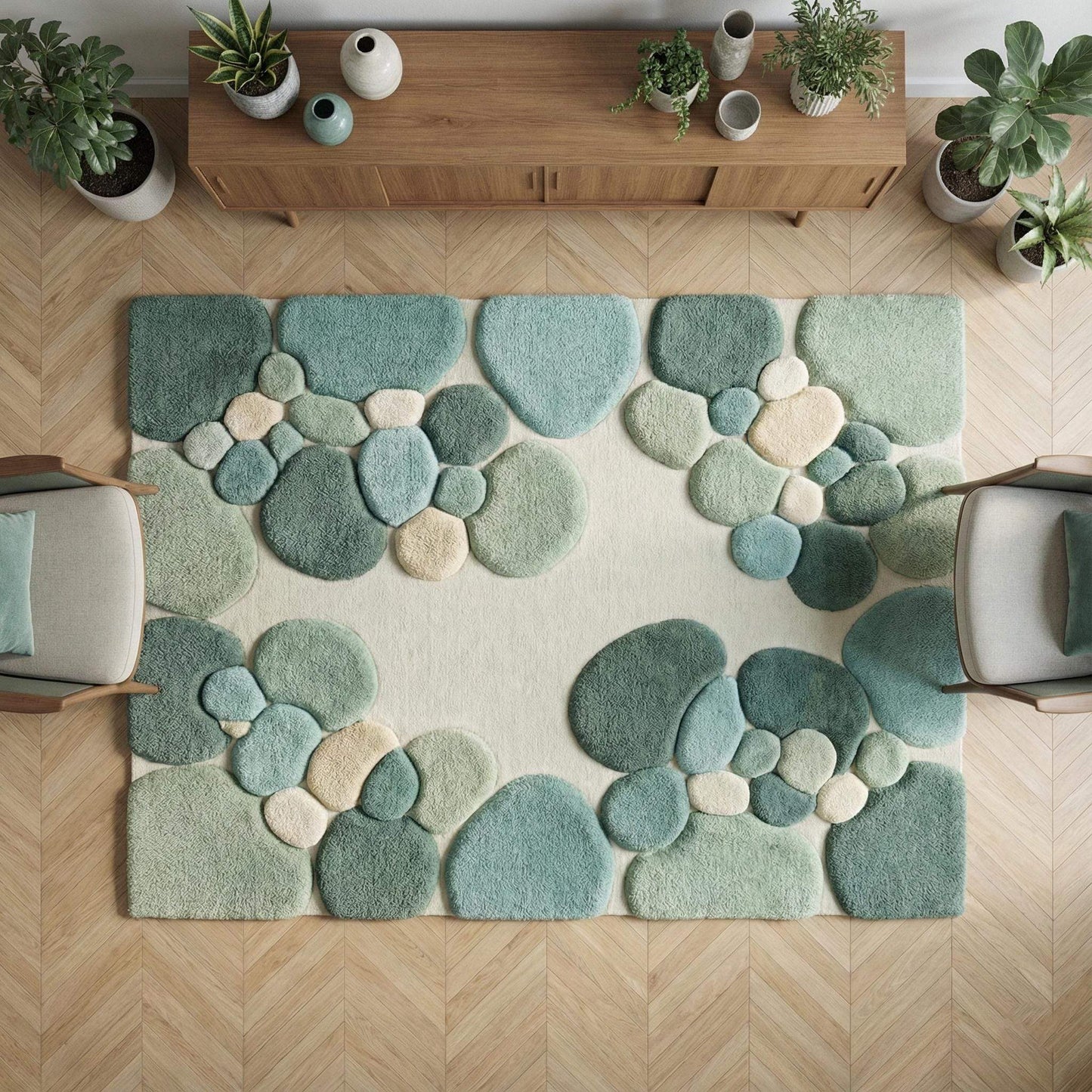 Hand-tufted moss green area rug with plush high pile and organic pebble pattern for modern living rooms