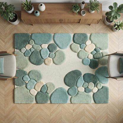 Hand-tufted moss green area rug with plush high pile and organic pebble pattern for modern living rooms
