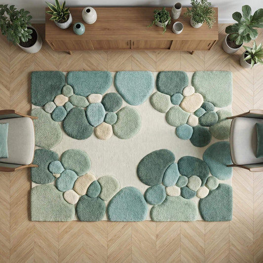 Hand-tufted moss green area rug with plush high pile and organic pebble pattern for modern living rooms