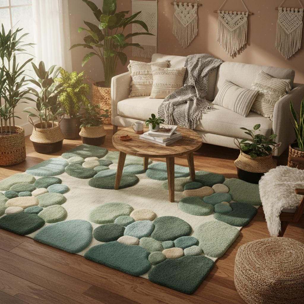 Moss Green Abstract Area Rug, Hand Tufted Organic Pebble Rug, Plush Modern Living Room Carpet, Sage Green Decor