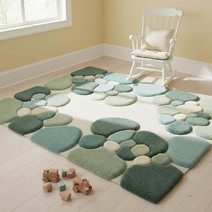 Moss Green Abstract Area Rug, Hand Tufted Organic Pebble Rug, Plush Modern Living Room Carpet, Sage Green Decor