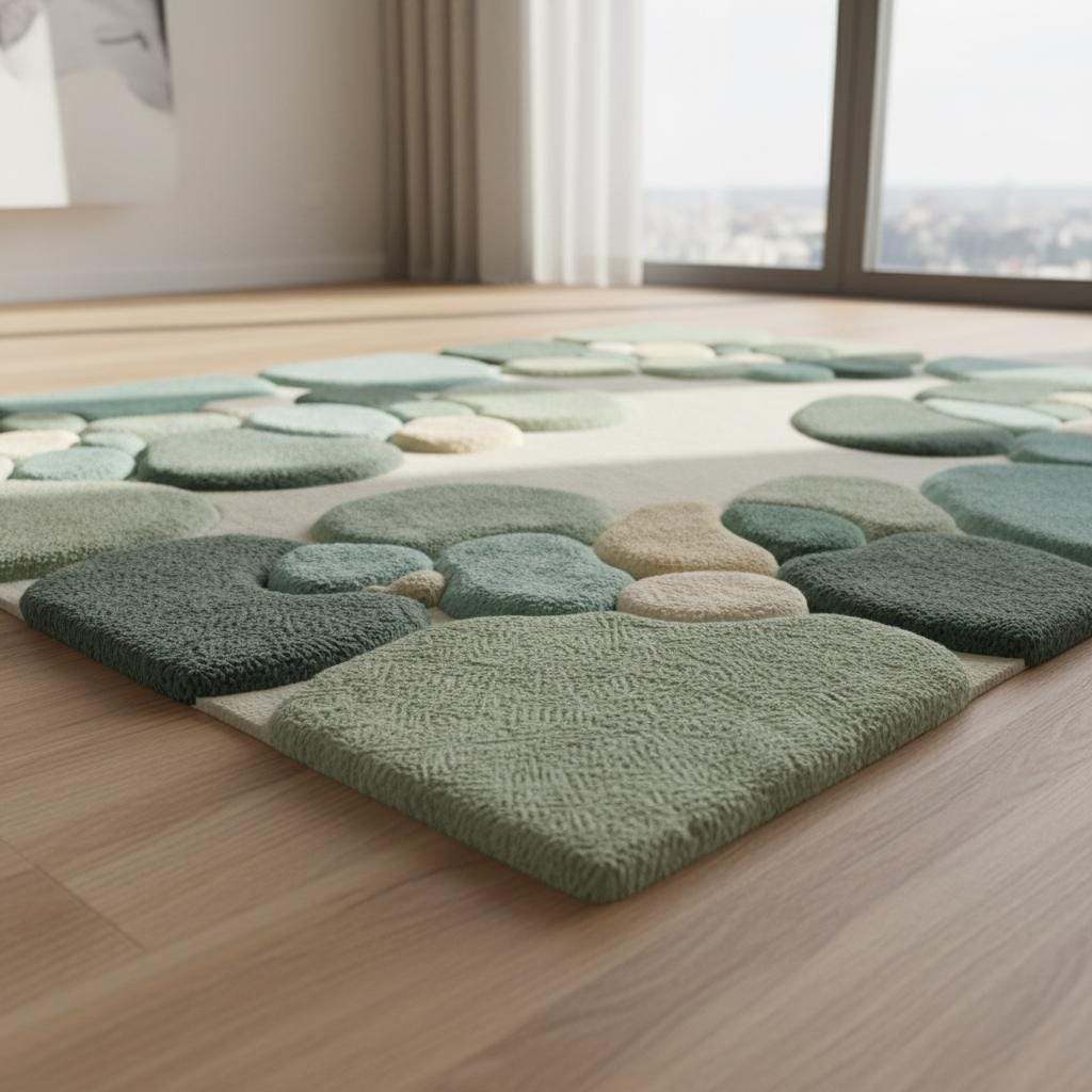 Moss Green Abstract Area Rug, Hand Tufted Organic Pebble Rug, Plush Modern Living Room Carpet, Sage Green Decor