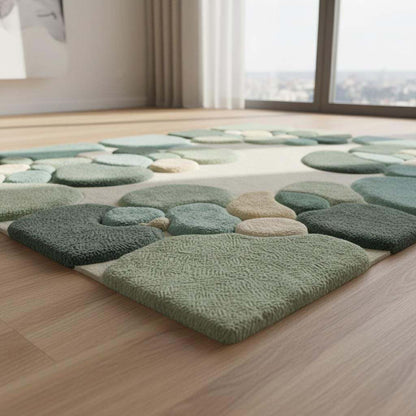 Moss Green Abstract Area Rug, Hand Tufted Organic Pebble Rug, Plush Modern Living Room Carpet, Sage Green Decor