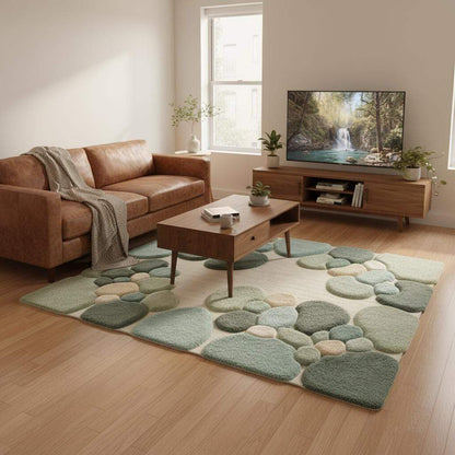 Moss Green Abstract Area Rug, Hand Tufted Organic Pebble Rug, Plush Modern Living Room Carpet, Sage Green Decor