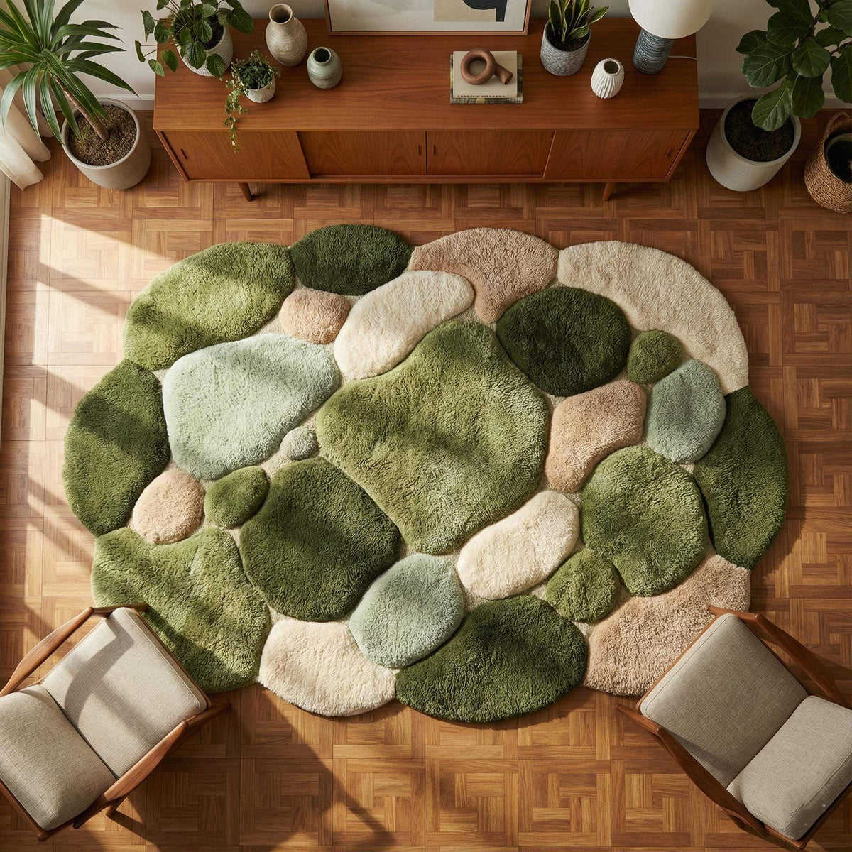 Moss green pebble rug hand tufted wool area rug with organic shape and natural stone design