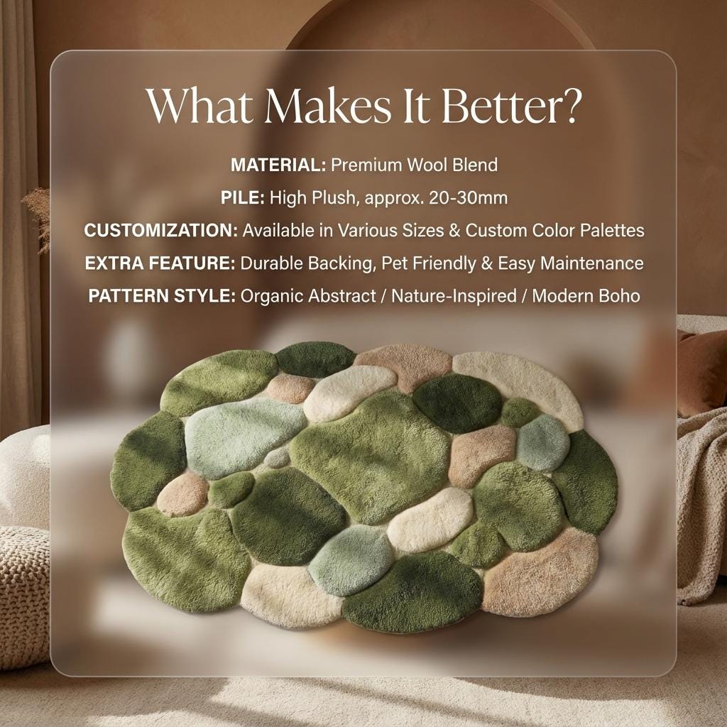 Moss Green Pebble Rug, Hand Tufted Wool Organic Shape Area Rug, Modern Nature Inspired High Pile Carpet for Living Room Bedroom Decor