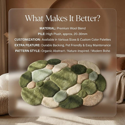 Moss Green Pebble Rug, Hand Tufted Wool Organic Shape Area Rug, Modern Nature Inspired High Pile Carpet for Living Room Bedroom Decor