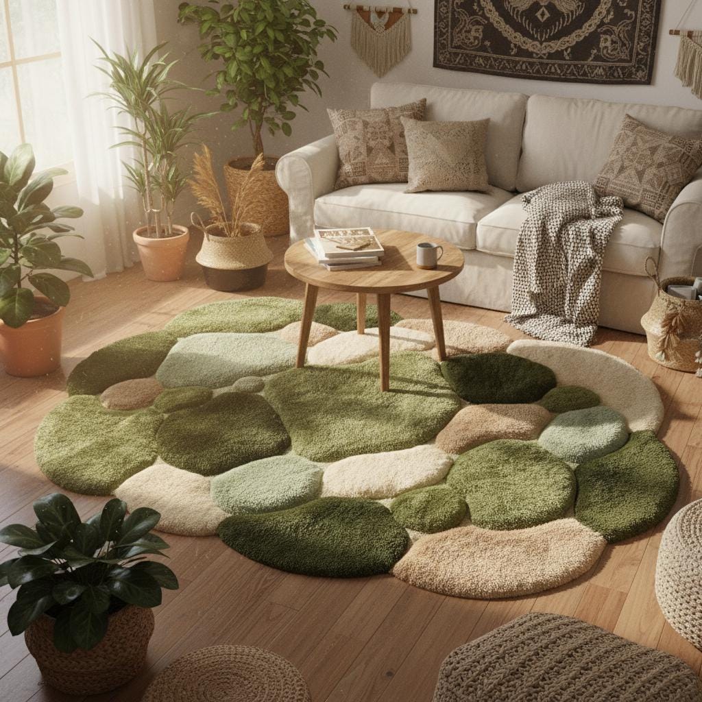 Moss Green Pebble Rug, Hand Tufted Wool Organic Shape Area Rug, Modern Nature Inspired High Pile Carpet for Living Room Bedroom Decor
