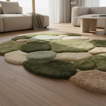 Moss Green Pebble Rug, Hand Tufted Wool Organic Shape Area Rug, Modern Nature Inspired High Pile Carpet for Living Room Bedroom Decor