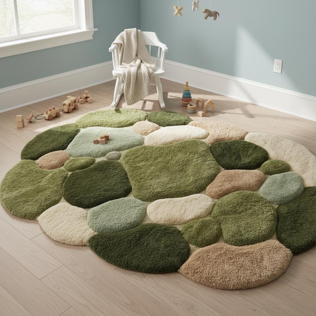 Moss Green Pebble Rug, Hand Tufted Wool Organic Shape Area Rug, Modern Nature Inspired High Pile Carpet for Living Room Bedroom Decor