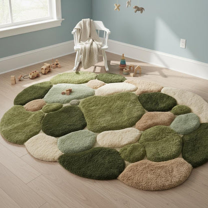 Moss Green Pebble Rug, Hand Tufted Wool Organic Shape Area Rug, Modern Nature Inspired High Pile Carpet for Living Room Bedroom Decor