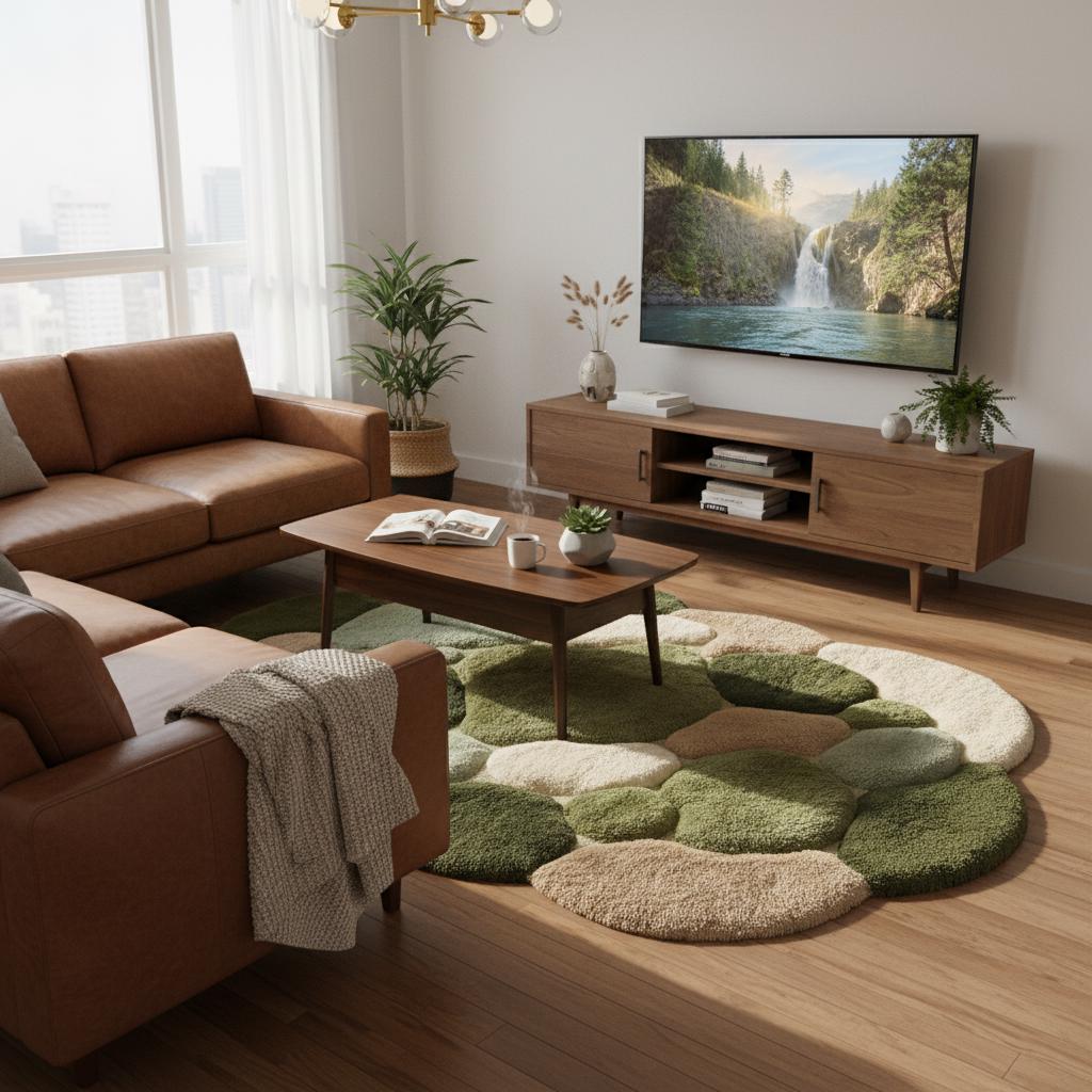 Moss Green Pebble Rug, Hand Tufted Wool Organic Shape Area Rug, Modern Nature Inspired High Pile Carpet for Living Room Bedroom Decor