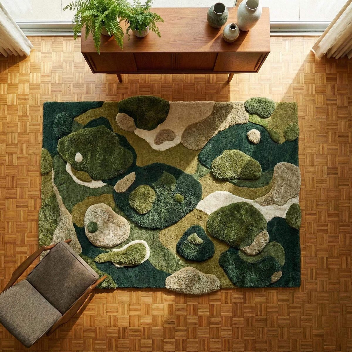 Hand tufted moss green rug with abstract organic plush pile, perfect for modern living rooms and Japandi style decor.