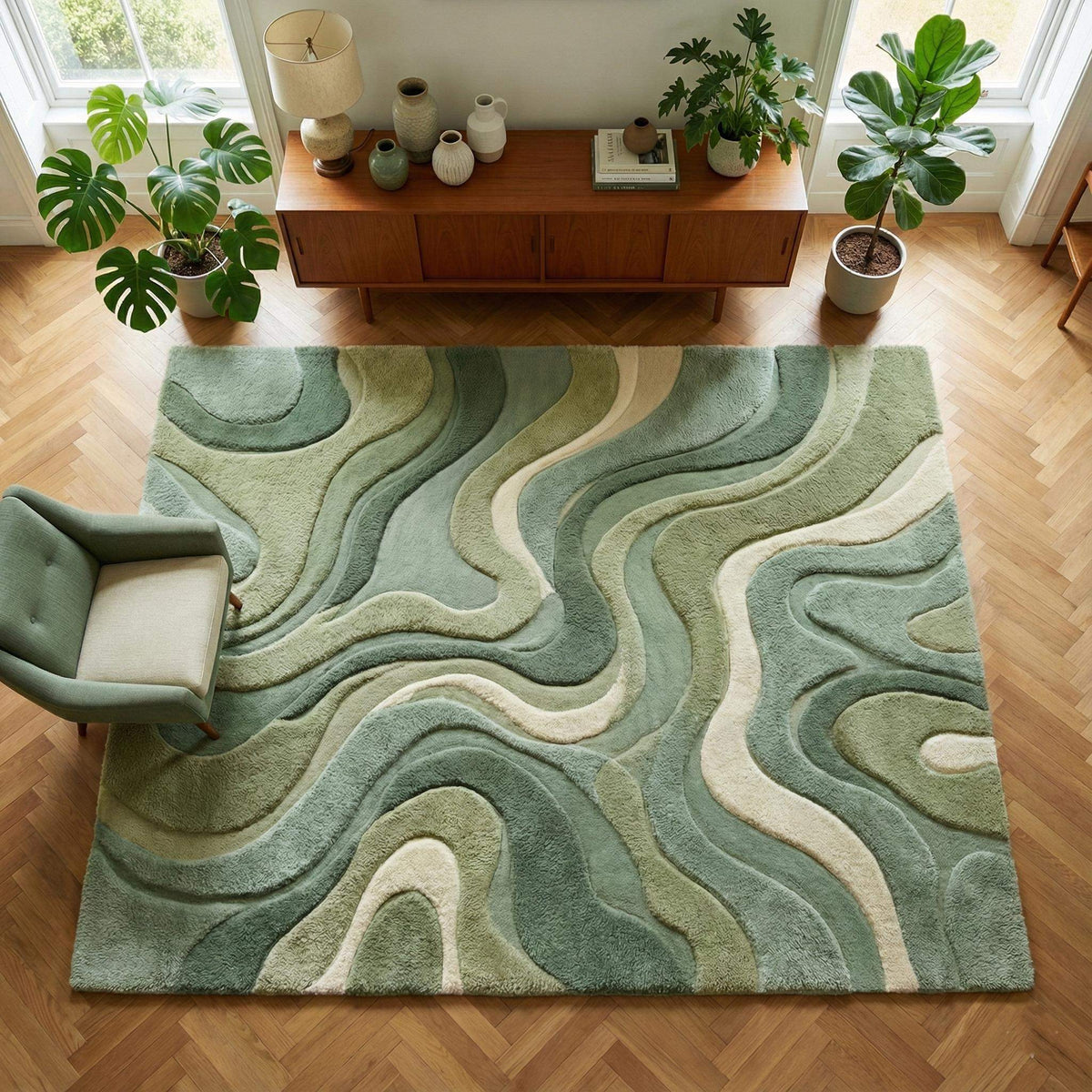 Moss green plush cut pile organic shape rug in living room setting