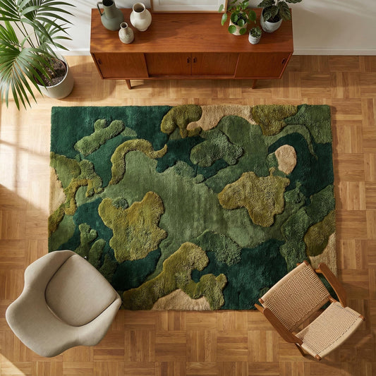 Moss Green Wool Rug, Hand Tufted Organic Area Rug, Sculpted High Pile Nature Inspired Carpet for Living Room, Modern Biophilic Home Decor