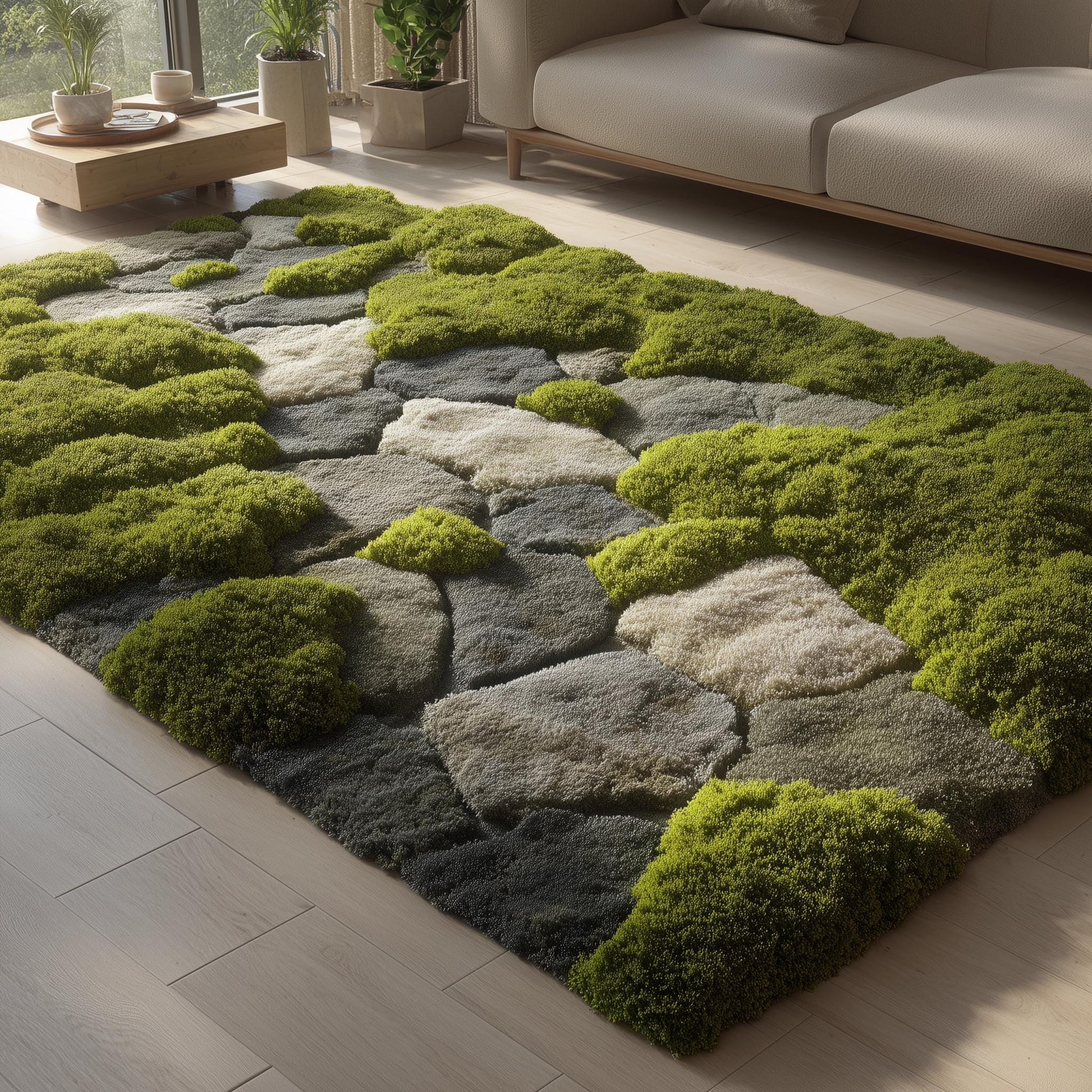 Moss Rug | 3D Stone Path Rug | Nature Inspired Tufted Rug | Mossy Garden Carpet | Green Landscape Rug | Modern Living Room Decor