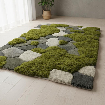 Moss Rug | 3D Stone Path Rug | Nature Inspired Tufted Rug | Mossy Garden Carpet | Green Landscape Rug | Modern Living Room Decor