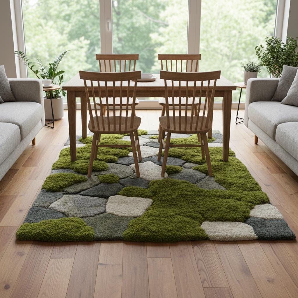 Moss Rug | 3D Stone Path Rug | Nature Inspired Tufted Rug | Mossy Garden Carpet | Green Landscape Rug | Modern Living Room Decor