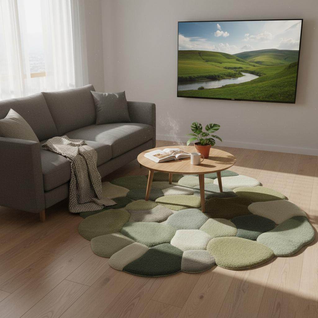Unique pebble shaped rug with irregular stone-pattern design in grey and green tones – modern home décor rug carpet teppich. __etsy:7382624850