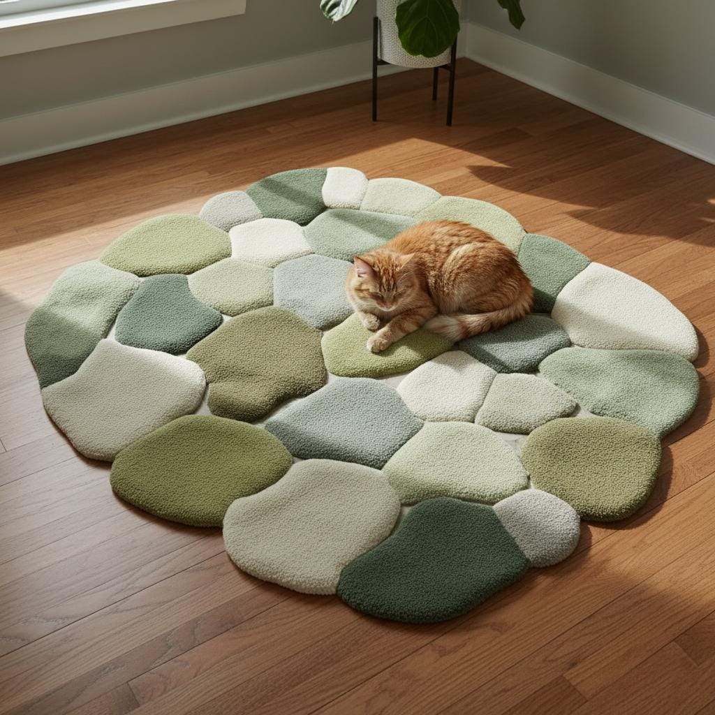 Sage olive pebble cluster rug with irregular outline for cozy reading nook – wool carpet teppich and rugs for contemporary homes. __etsy:7430549517