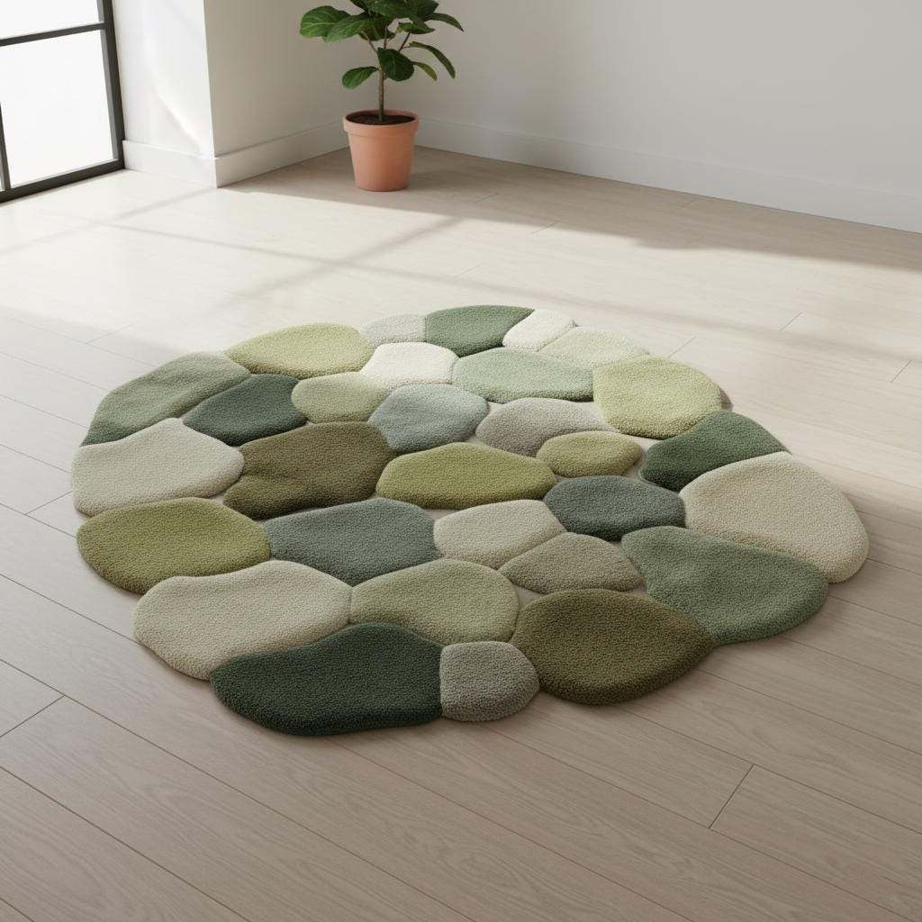 Hand-designed moss pebble rug in natural hues of olive and sand – an earthy living room rug carpet teppich that blends nature and design. __etsy:7430549447