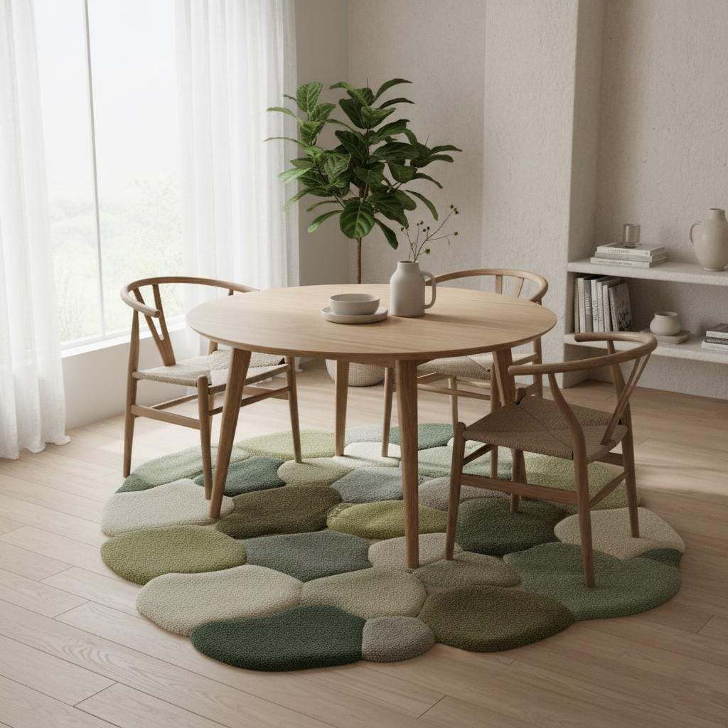 Textured wool area rug shaped like stones in layered green and grey tones – modern cottage-core rug carpet teppich home décor piece. __etsy:7382624992