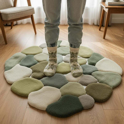 Moss Pebble Wool Blend Rug – Sculptural Stone-Shaped Plush Carpet __etsy:7382625000