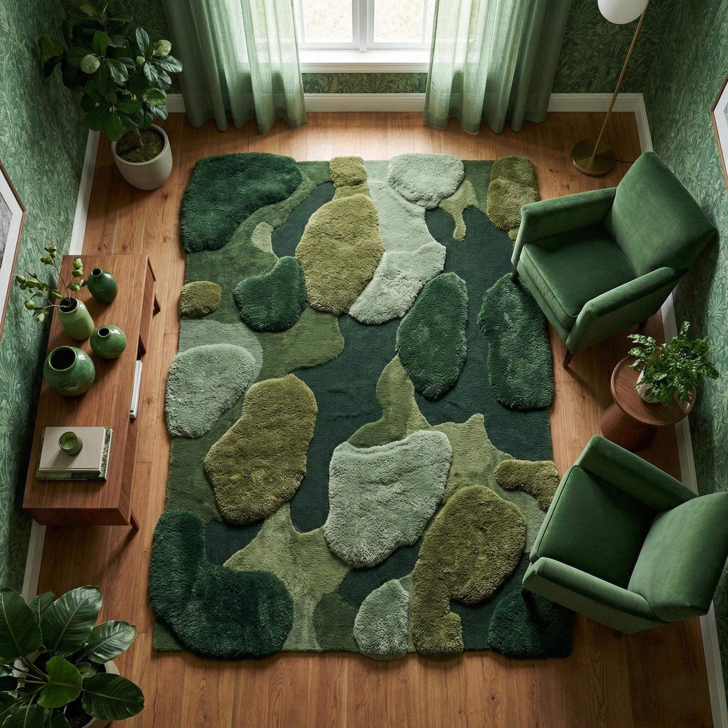 Hand-tufted moss rug with green abstract organic design and sculpted high-low wool pile