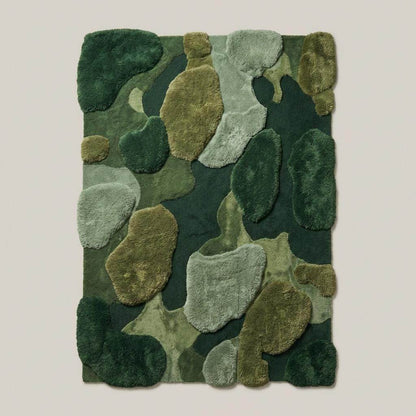 Green abstract moss pattern rug with plush wool surface