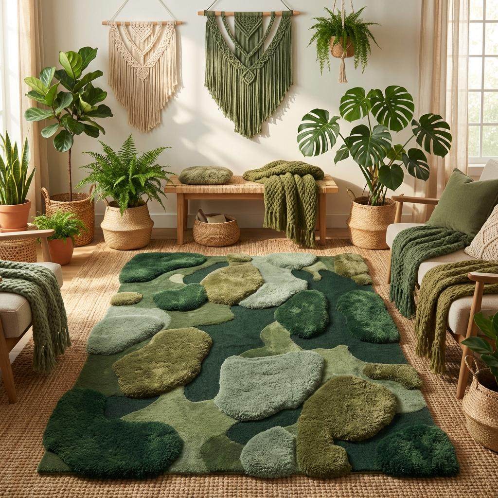 Nature inspired moss rug with organic shapes and layered green tones