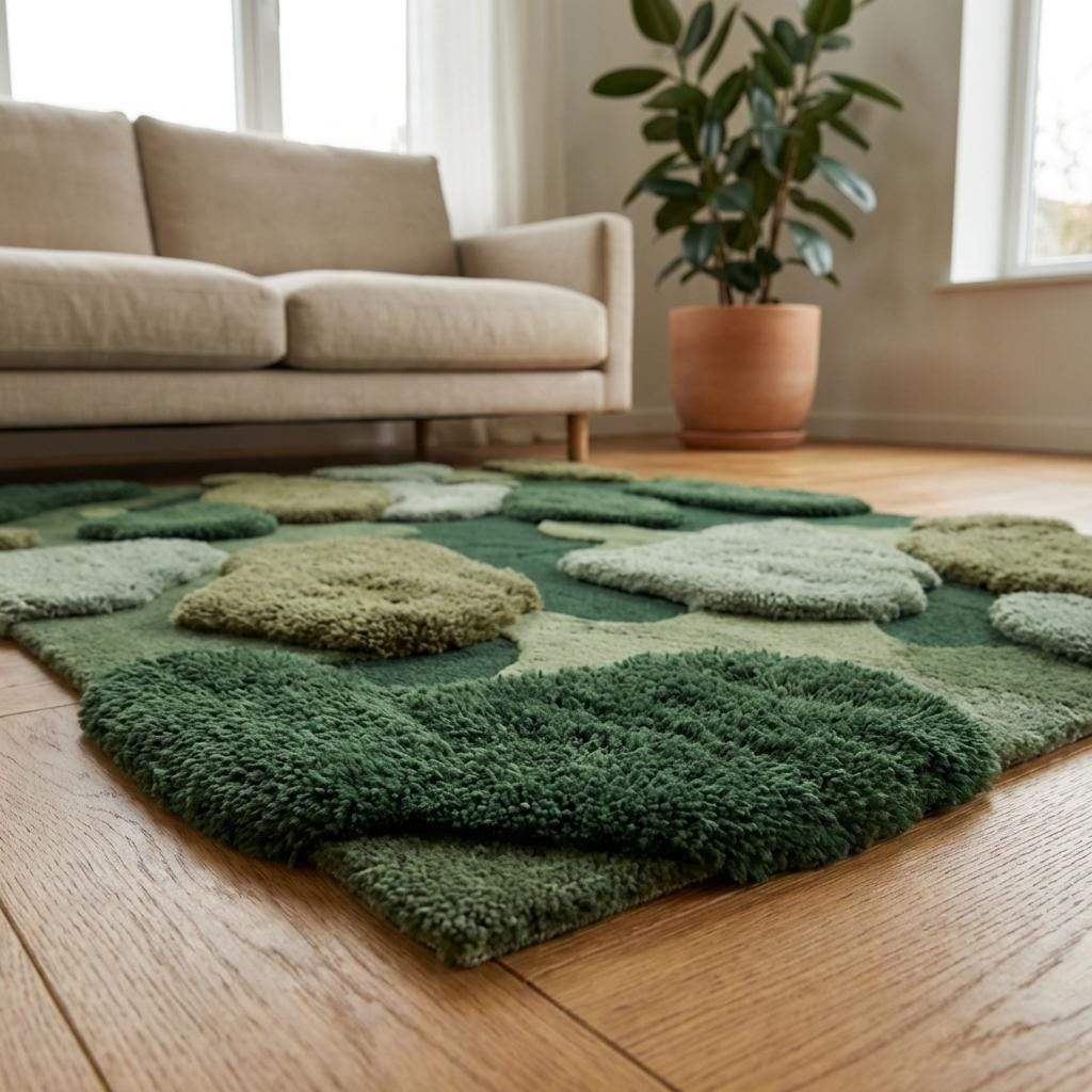 Modern interior styled with hand tufted moss rug centerpiece