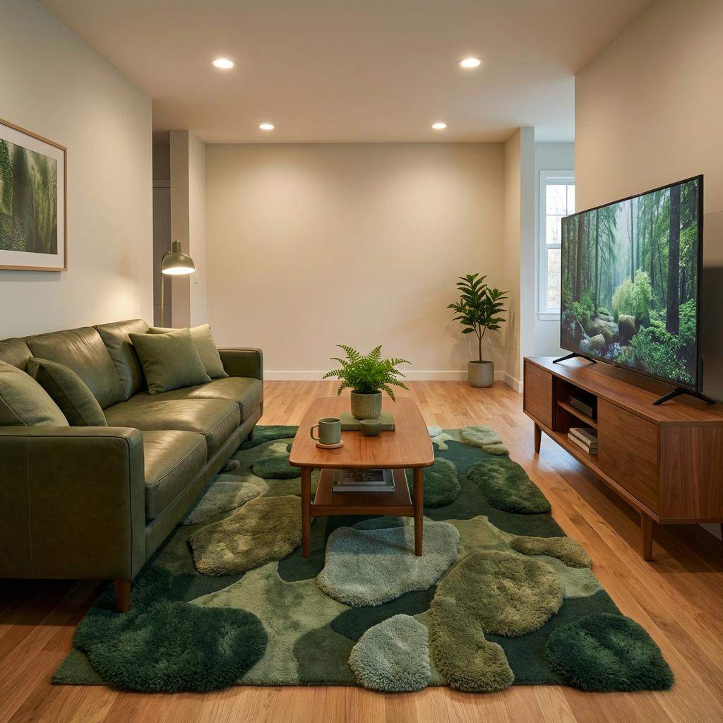 Organic pattern wool tufted moss rug in forest and sage green