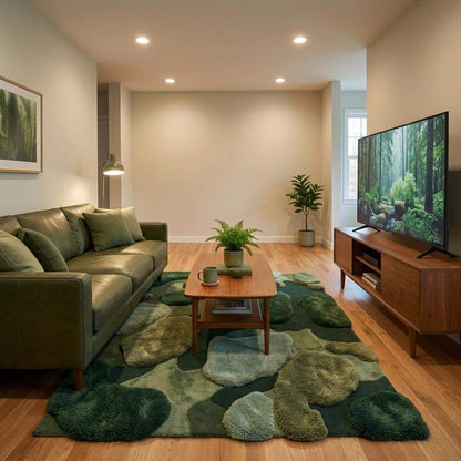 Organic pattern wool tufted moss rug in forest and sage green