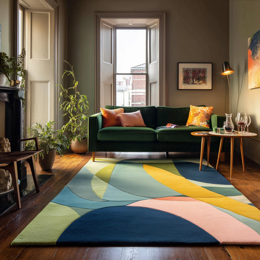 Abstract geometric rug with vibrant multicolor shapes in 9x12 modern retro design