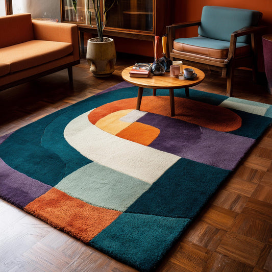 Abstract geometric rug with multicolor retro design in teal, orange, purple, cream, and mint tones, soft textured rectangular area rug.