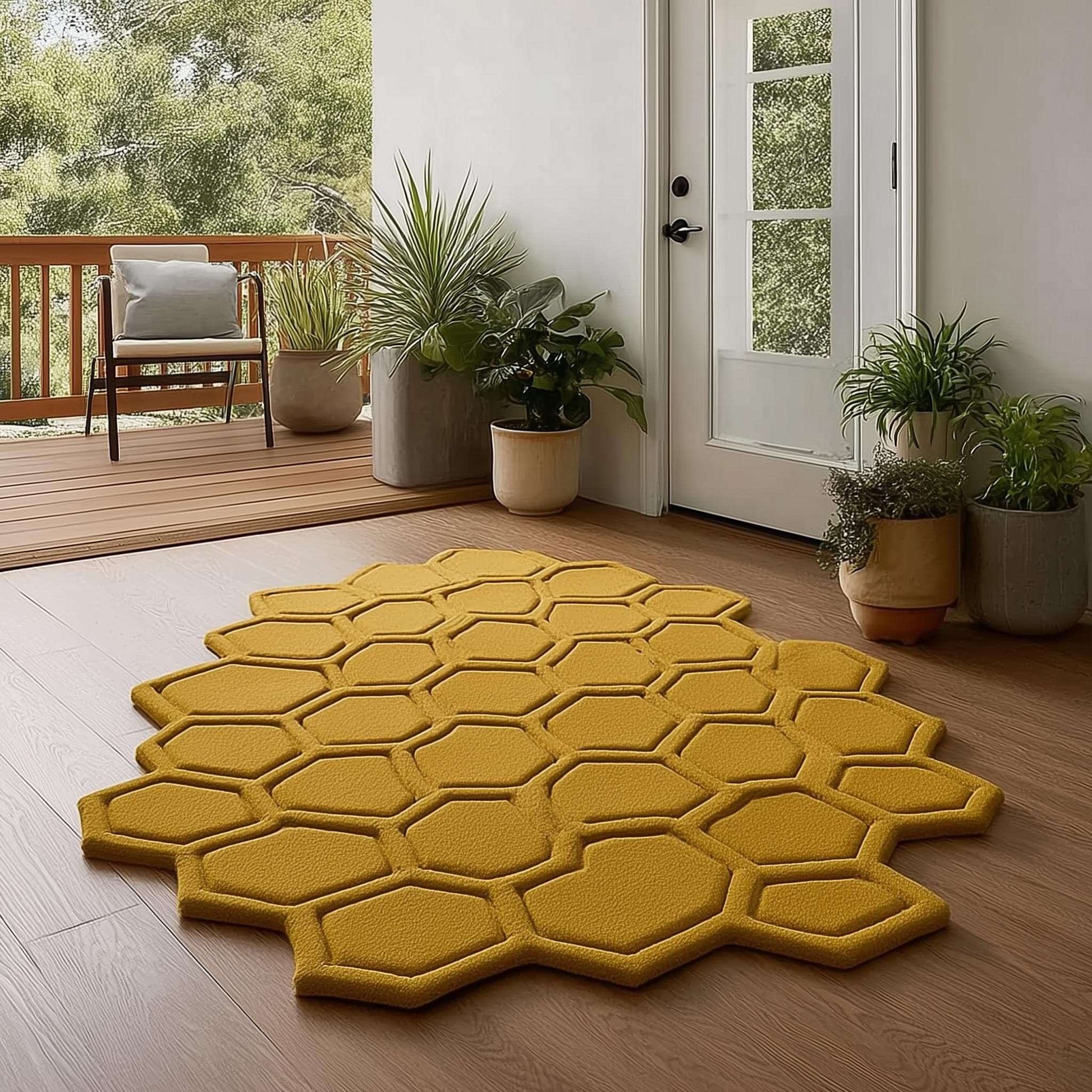 Mustard honeycomb rug with sculpted hexagon pattern on wood floor near entryway with potted plants