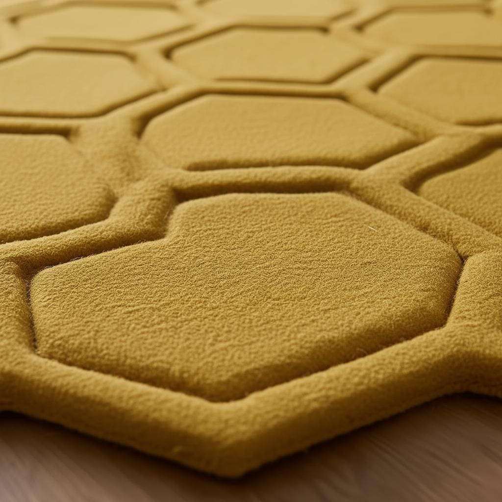 Mustard honeycomb rug with sculpted hexagon pattern and raised textured borders on wood floor near entryway