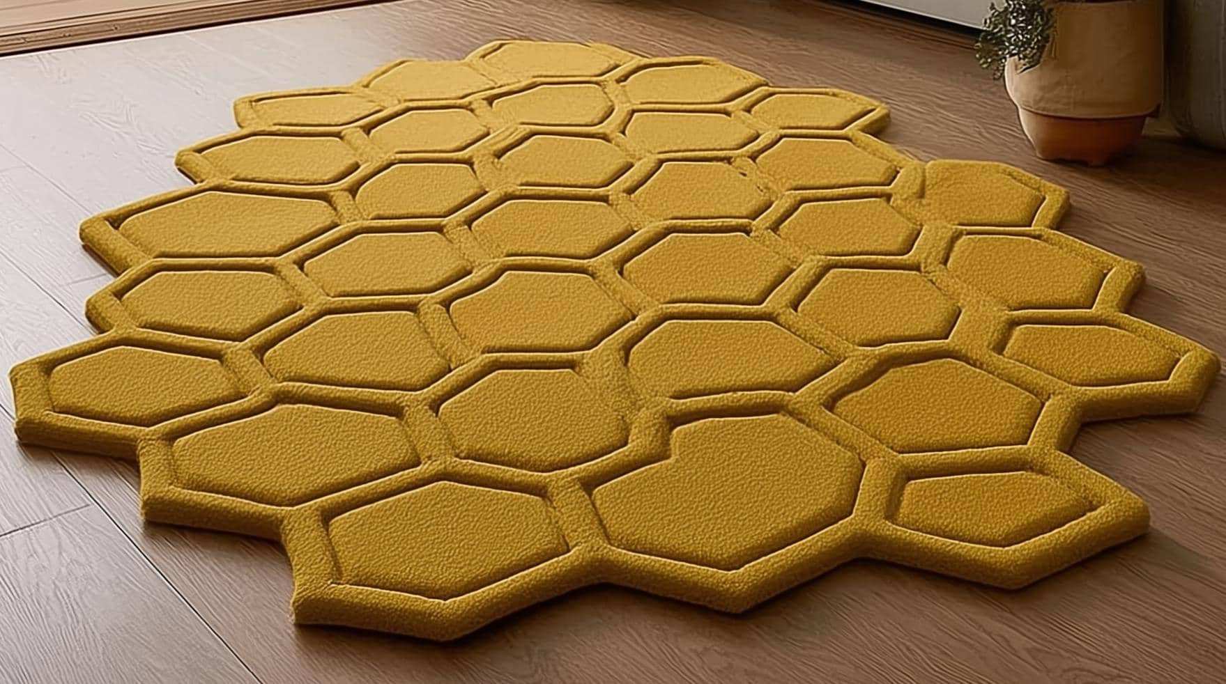 Mustard honeycomb rug with sculpted hexagon pattern on wood floor near entryway and plants