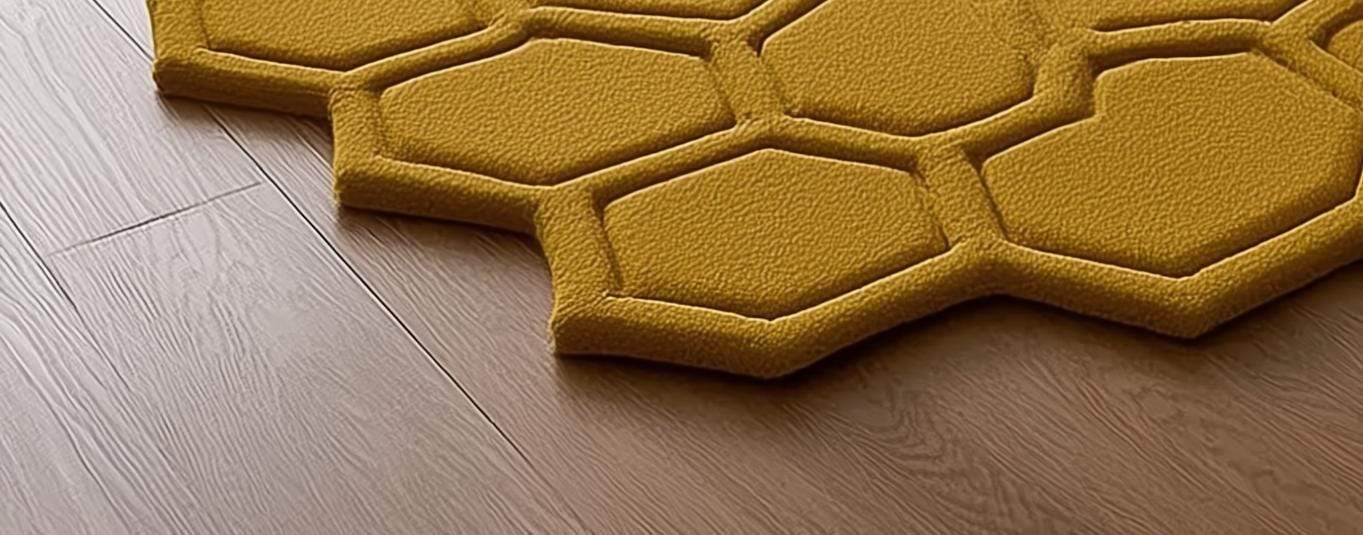 Mustard honeycomb rug with sculpted hexagon pattern on wood floor in entryway