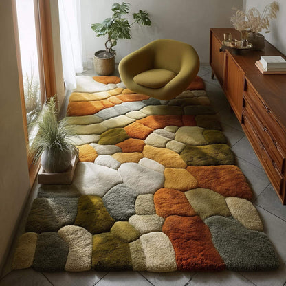 Handmade Pebble Moss Rug with organic pebble texture and earth tone colors for modern bedrooms and living rooms