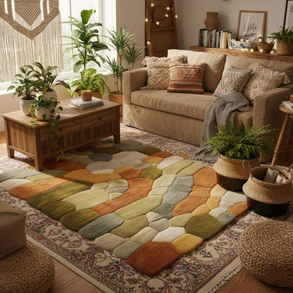 Nature Pebble Moss Rugs | 3D Stone Rug Carpet | Green Earth Tone Teppich | Hand Tufted Boho Rugs | Custom Abstract Rug | Bedroom Rugs Modern