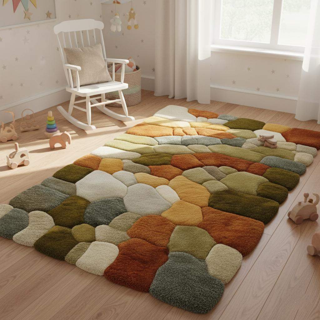 Nature Pebble Moss Rugs | 3D Stone Rug Carpet | Green Earth Tone Teppich | Hand Tufted Boho Rugs | Custom Abstract Rug | Bedroom Rugs Modern